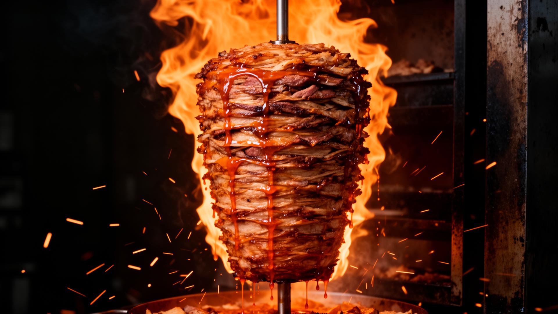 Trompo al pastor en llamas